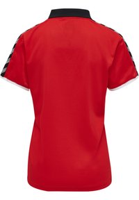 Red sports jersey with a black collar, short sleeves featuring black and white stripes on the sides. Textured fabric with a breathable design.