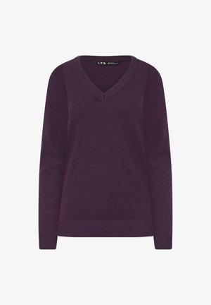 Sweter w serek w ciemnofioletowym kolorze, z długim rękawem oraz ściągaczami na dolnym końcu i rękawach. Gładka faktura, minimalistyczny design.