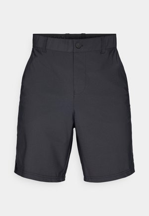 Černé plavecké šortky s hladkým povrchem, elastickým pasem na knoflík a jednoduchým, rovně střiženým designem.