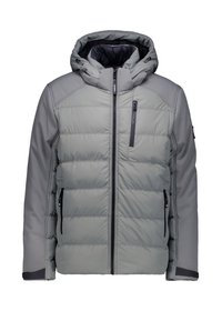 Chaqueta acolchada en gris claro con cremallera frontal, capucha y bolsillos laterales. Presenta detalles de tela en contraste y una textura suave.