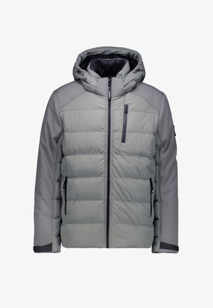 Gevoerde jas in lichtgrijs met een rits aan de voorkant, capuchon en zijzakken. Bevat contrasterende stofdetails en een gladde textuur.