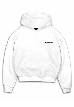 White hoodie made of soft fabric, featuring a front pocket, drawstring hood, and black logo text on the left chest.