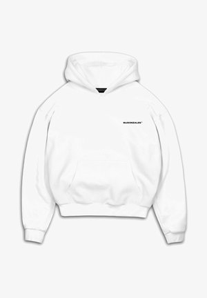 White hoodie made of soft fabric, featuring a front pocket, drawstring hood, and black logo text on the left chest.