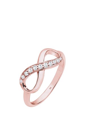 Roségoldring mit einem Unendlichkeit-Design, das eine Reihe klarer Kristalle entlang des Bands zeigt, mit glatter Textur und polierter Oberfläche.