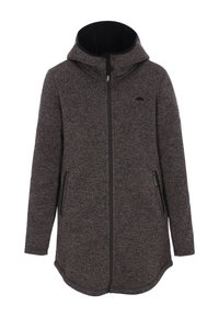 Hosszú kapucnis kabát sötét szénszürke kötött anyagból. Teljes hosszúságú cipzárral, két oldalzsebbel és egy diszkrét logóval a mellrészen.