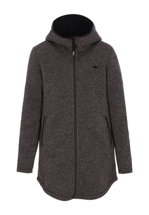 Pitkä huppari tummanhiilenharmaasta neuloskankaasta. Siinä on kokovetoketju, kaksi sivutaskua ja hillitty logo rinnassa.