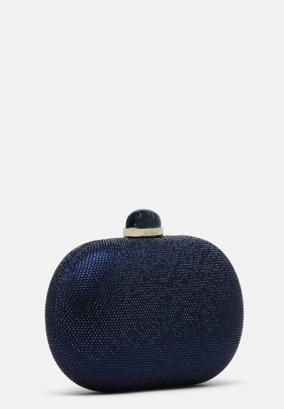 Petit sac à main ovale bleu foncé recouvert de perles scintillantes avec une boucle ronde noire et dorée sur le dessus.