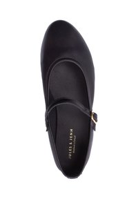 Schwarze Leder-Mary-Jane-Schuhe mit runder Zehe, Riemen über dem Spann und goldener Schnalle. Glatte Textur und schlichtes Design.