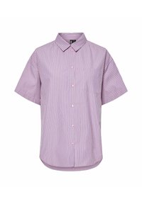 Korte mouwen, blouse met kraag in lichtpaars met verticale strepen in donkerpaars, voorzien van knoopsluiting en één borstzak.