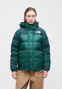 Oseba v temno zeleni pufasti jakni North Face s kapuco in svetlih hlačah, ki stoji na enostavni svetli podlagi.
