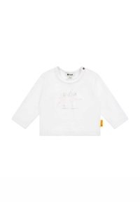 Langärmliges weißes Baumwollhemd mit einem zarten grafischen Motiv eines Ballettkaninchens in Pink und Gold, rundem Ausschnitt und einem kleinen gelben Logo-Tag.