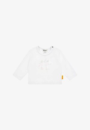 Langärmliges weißes Baumwollhemd mit einem zarten grafischen Motiv eines Ballettkaninchens in Pink und Gold, rundem Ausschnitt und einem kleinen gelben Logo-Tag.