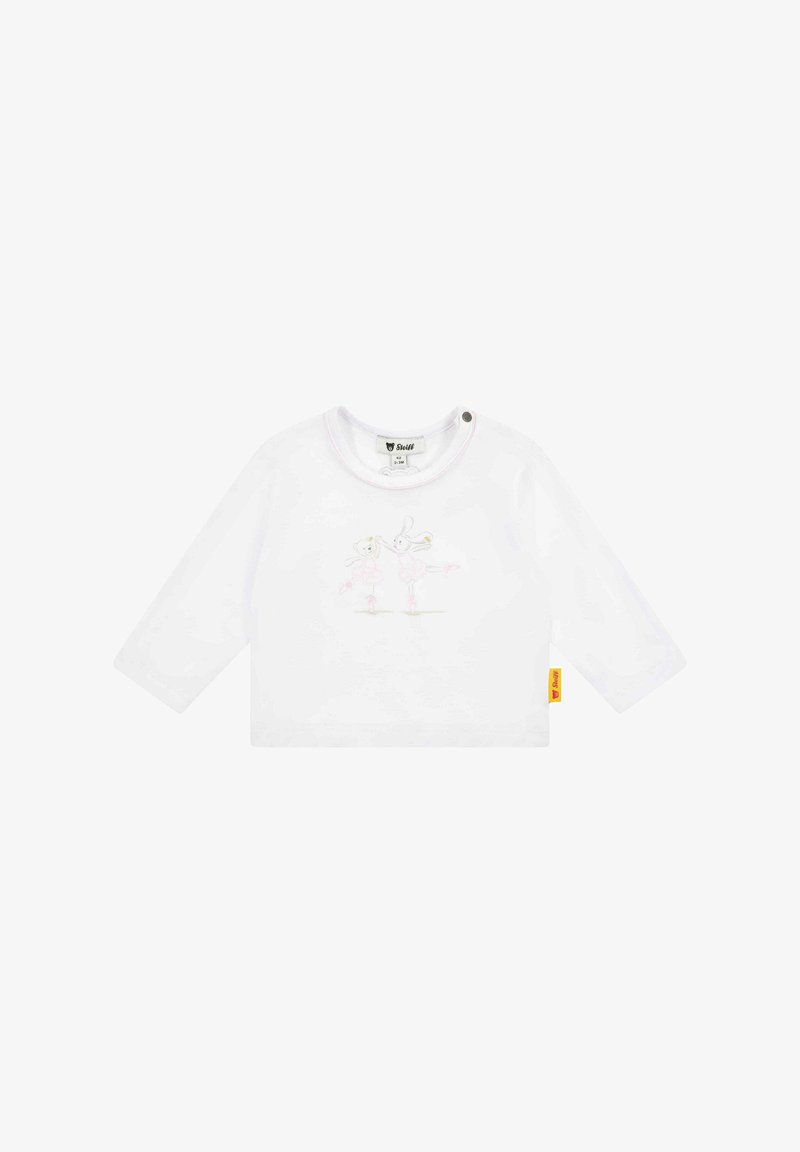 Langärmliges weißes Baumwollhemd mit einem zarten grafischen Motiv eines Ballettkaninchens in Pink und Gold, rundem Ausschnitt und einem kleinen gelben Logo-Tag.