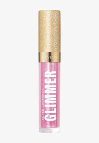 Lip gloss Revlon Super Lustrous Glimmer w przezroczystej tubce z błyszczącą złotą zakrętką, z różową, brokatową teksturą i wyrazistym, białym napisem.