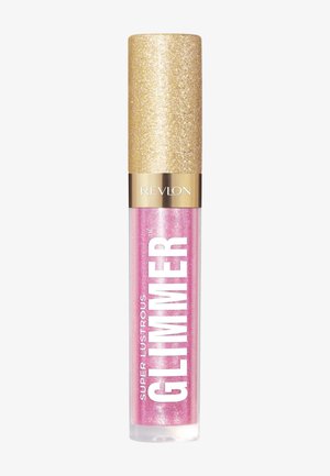 Lip gloss Revlon Super Lustrous Glimmer w przezroczystej tubce z błyszczącą złotą zakrętką, z różową, brokatową teksturą i wyrazistym, białym napisem.