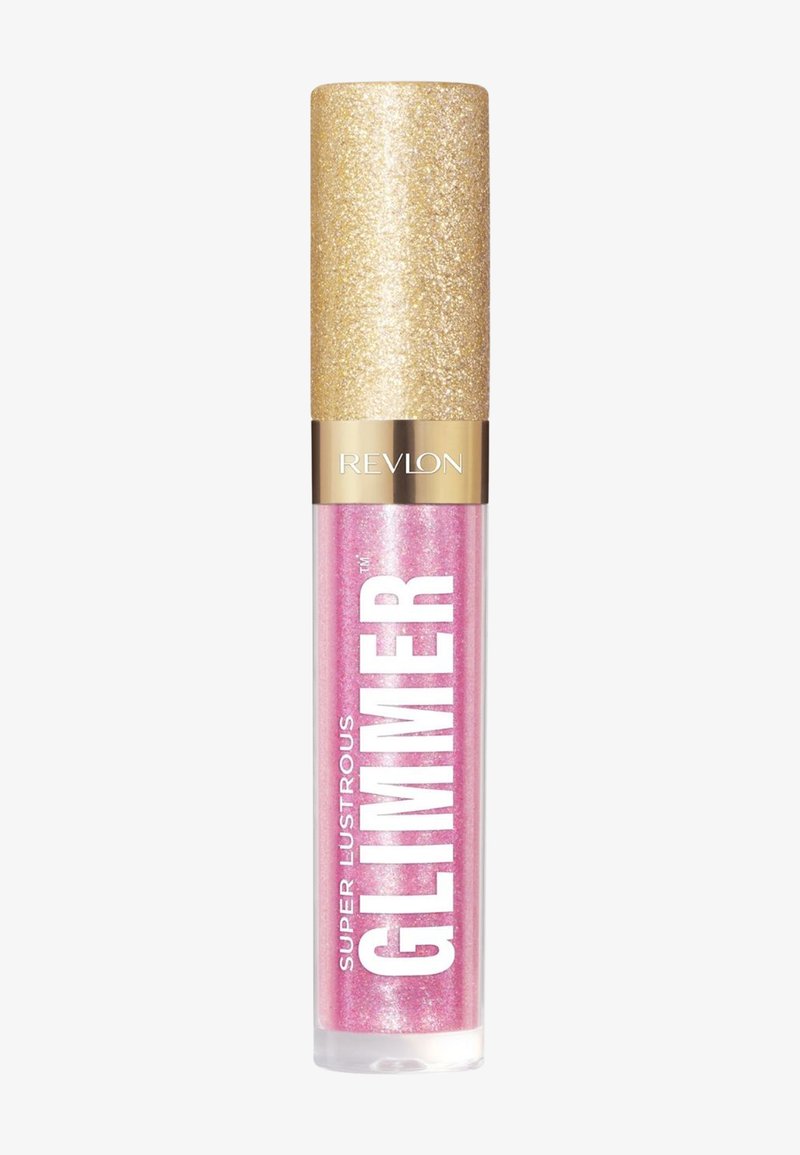 Lip gloss Revlon Super Lustrous Glimmer w przezroczystej tubce z błyszczącą złotą zakrętką, z różową, brokatową teksturą i wyrazistym, białym napisem.