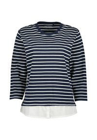 Navy- und weiße gestreifte Langarmbluse mit abgerundetem Saum und weißem, schichtartigem Unterteil, aus weichem Stoff gefertigt. Mit rundem Ausschnitt.