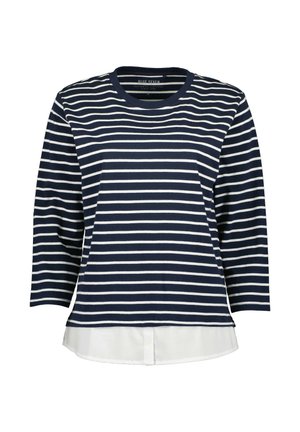 Marineblauwe en witte gestreepte longsleeve shirt met een gebogen zoom en een witte gelaagde onderkant, gemaakt van zachte stof. Heeft een ronde halslijn.