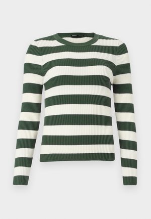 Grün-weißer gestreifter Ripp-Pullover mit Rundhalsausschnitt und langen Ärmeln, der abwechselnd breite Streifen und ein strukturiertes Material aufweist.