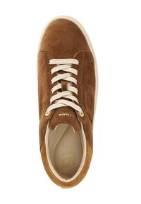 Brown suede sneaker with cream laces, round toe, and a textured insole. Minimalist design features subtle branding in gold.