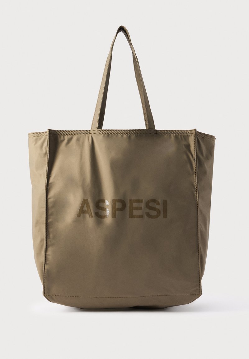 Sac fourre-tout vert olive avec deux poignées et logo "ASPESI" imprimé en couleur assortie au centre avant.
