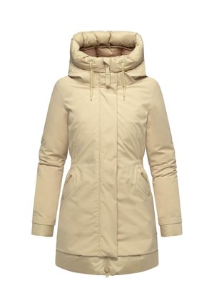 Beige padded coat with a large hood, zip front, and two side pockets. Features drawstrings at the neck and ribbed cuffs. Smooth texture.