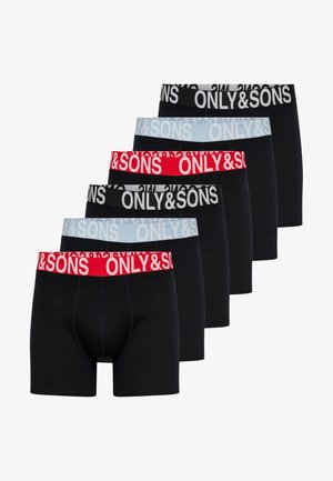 Sześć par czarnych bokserek męskich z paskami w talii w kolorach czerwonym, jasnoniebieskim i czarnym, z nazwą marki ONLY & SONS w białym tekście.