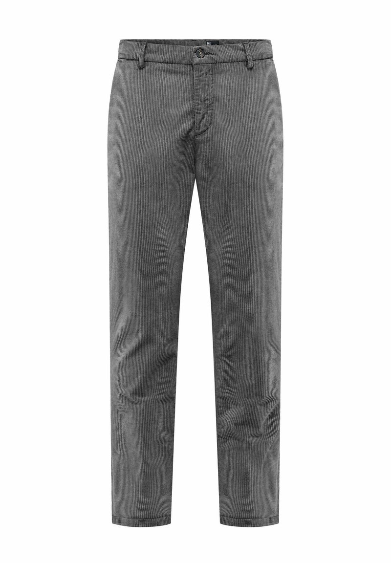 Grijze corduroy broek met verticale ribbelstructuur, standaard tailleband, ritssluiting en klassieke rechte pijpen. Bevat voor- en achterzakken.