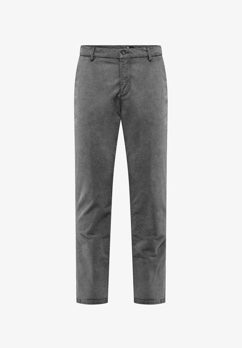 Graue Corduroy-Hosen mit vertikaler Rippstruktur, standardmäßiger Taillenbund, Reißverschluss und klassischem geraden Bein. Mit Front- und Gesäßtaschen.