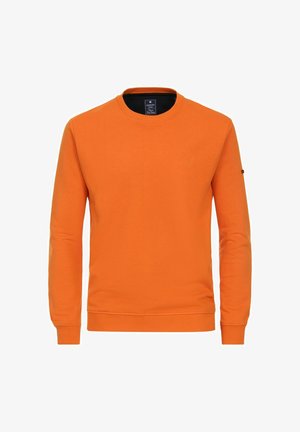 Langærmet orange crewneck-sweatshirt med ribstrikkede ærmegab og talje, vist mod en hvid baggrund.