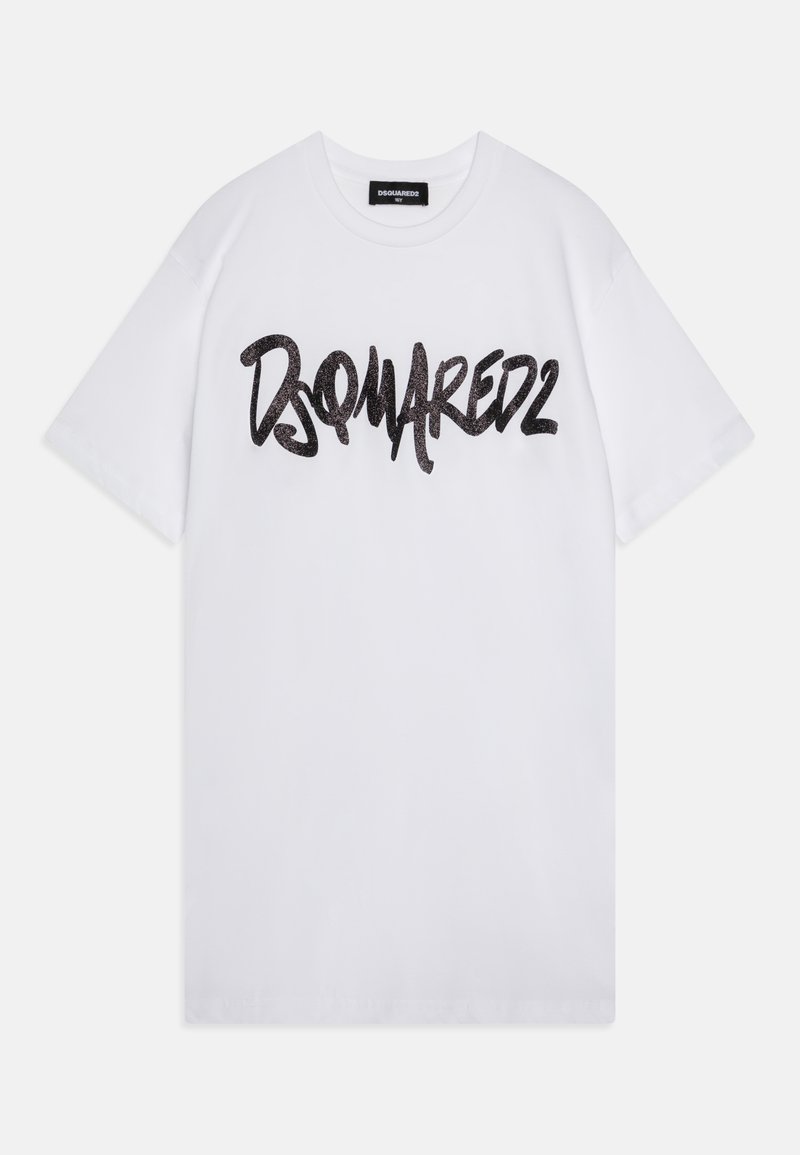 White cotton T-shirt featuring "DSquared2" in bold black glitter script across the chest. Classic crew neck and short sleeves.