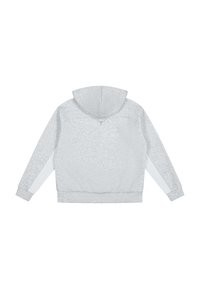 Felpa grigia con cappuccio, tessuto morbido, polsini e orlo a costine, cappuccio regolabile, pannelli laterali bianchi, vista posteriore, branding minimale vicino al collo.