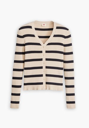 Beige ribbed cardigan with navy horizontal stripes, V-neckline, and button-up front. Cropped design with long sleeves and raw hem.