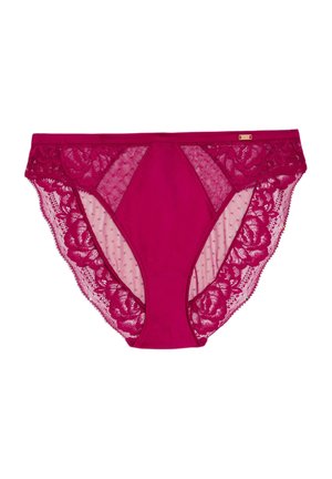Culotte en dentelle fuchsia avec des panneaux en tulle transparent, des motifs floraux et des détails à pois. Ceinture élastique pour un ajustement confortable.