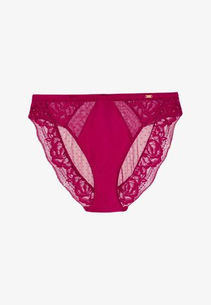 Fuchsia Spitze Panties mit transparenten Mesh-Panels, floralen Mustern und Punkten. Elastischer Bund für einen bequemen Sitz.