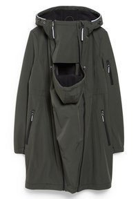 Waterdichte olijfgroene jas met capuchon, meerdere ritssluitingen en een verborgen voorzak. Gemaakt van een gladde, rekbare stof.