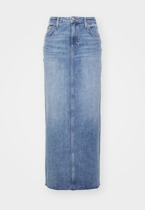 Gonna maxi in denim di un blu chiaro, con taglio dritto, cucitura frontale, orlo sfrangiato, classico design a cinque tasche e chiusura con bottone in metallo.