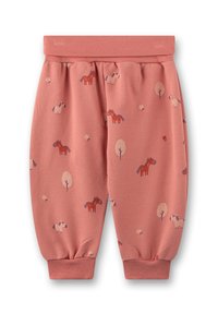 Rosa Baumwollbabypants mit elastischem Bund, versehen mit einem Muster aus Pferden, Bäumen und Blumen in lila und roten Tönen.
