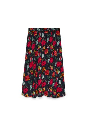 Czarna spódnica midi z czerwonym, żółtym i zielonym kwiatowym wzorem, elastycznym paskiem w talii i plisowanym krojem.
