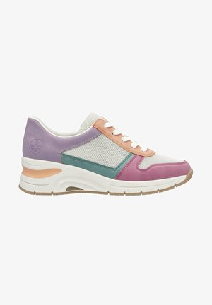 Multikleurige sneaker met een mesh bovenkant, met lavendel, perzik, teal en roze accenten. Witte veters en een getextureerde, gedempte zool.