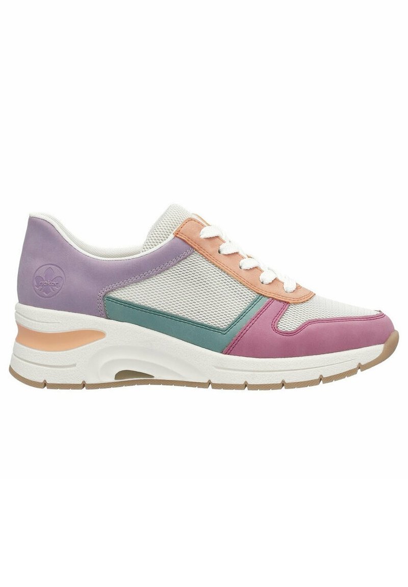 Multicolored sneaker with a mesh upper, featuring lavender, peach, teal, and pink accents. White laces and a textured cushioned sole.