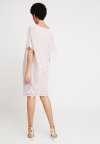 Robe rose clair avec superposition transparente, détails en dentelle complexes, ourlet festonné et chaussures à talons hauts dorées. Vue de dos, manches courtes.