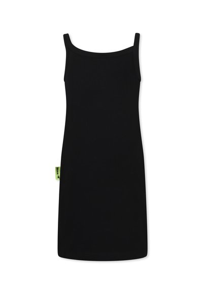 Abito nero senza maniche con scollatura a girocollo e taglio dritto. Presenta un'etichetta laterale verde. Realizzato in tessuto morbido ed elastico.