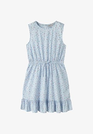 Mouwloze lichtblauwe jurk met kleine roze en blauwe bloemenprint, een taille met ceintuur en een gerimpelde zoom.