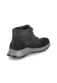 Scarpa da trekking nera con tomaia sintetica, colletto alla caviglia testurizzato, suola in gomma grigia e design con lacci. Presenta un interno imbottito per il comfort.