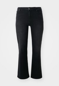 Jeans de ganga pretos com cintura média, botão frontal, dois bolsos frontais, dois bolsos traseiros e corte de perna flare.