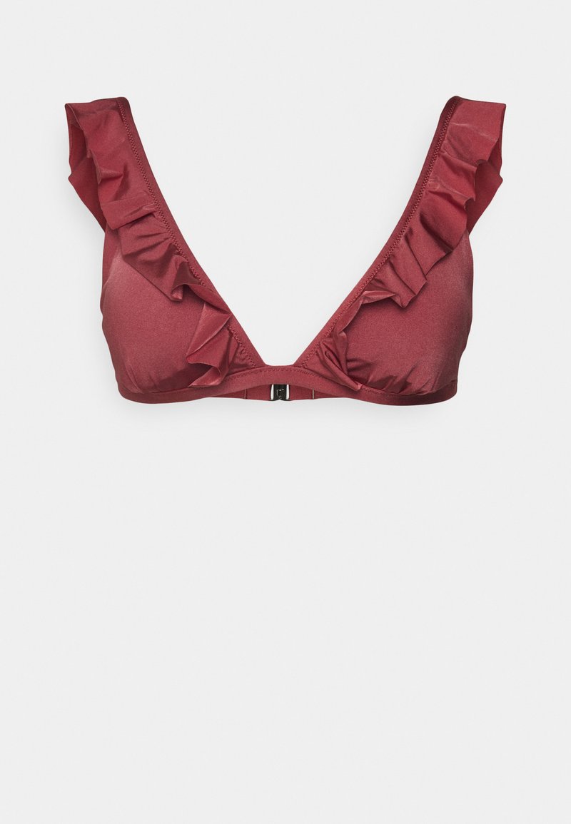 Top de biquíni bordô com acabamentos franzidos ao longo do decote e dos ombros. Apresenta um design de V profundo na frente e fecho de clipe nas costas.