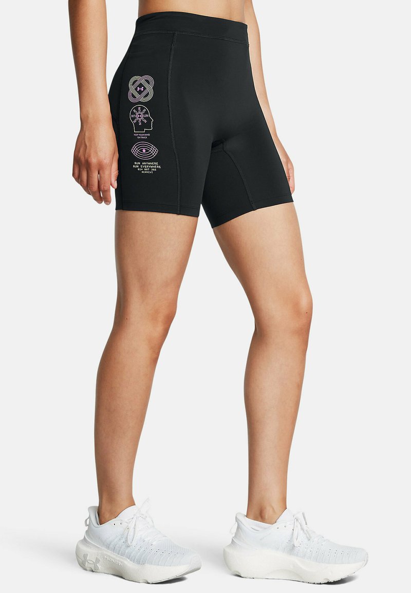 Pantaloni sportivi neri con una vita alta, caratterizzati da stampe grafiche multicolori sui lati. Realizzati in un materiale elasticizzato e leggero.