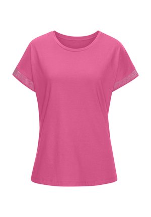Rosa Damen-T-Shirt mit kurzen Ärmeln und Rundhalsausschnitt, mit netzartigen Details an den Ärmelkanten, auf einem weißen Hintergrund präsentiert.