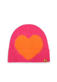 Berretto lavorato a maglia di un brillante colore rosa con un motivo a cuore arancione oversize. Presenta una lavorazione a maglia testurizzata e una piccola etichetta con marchio.